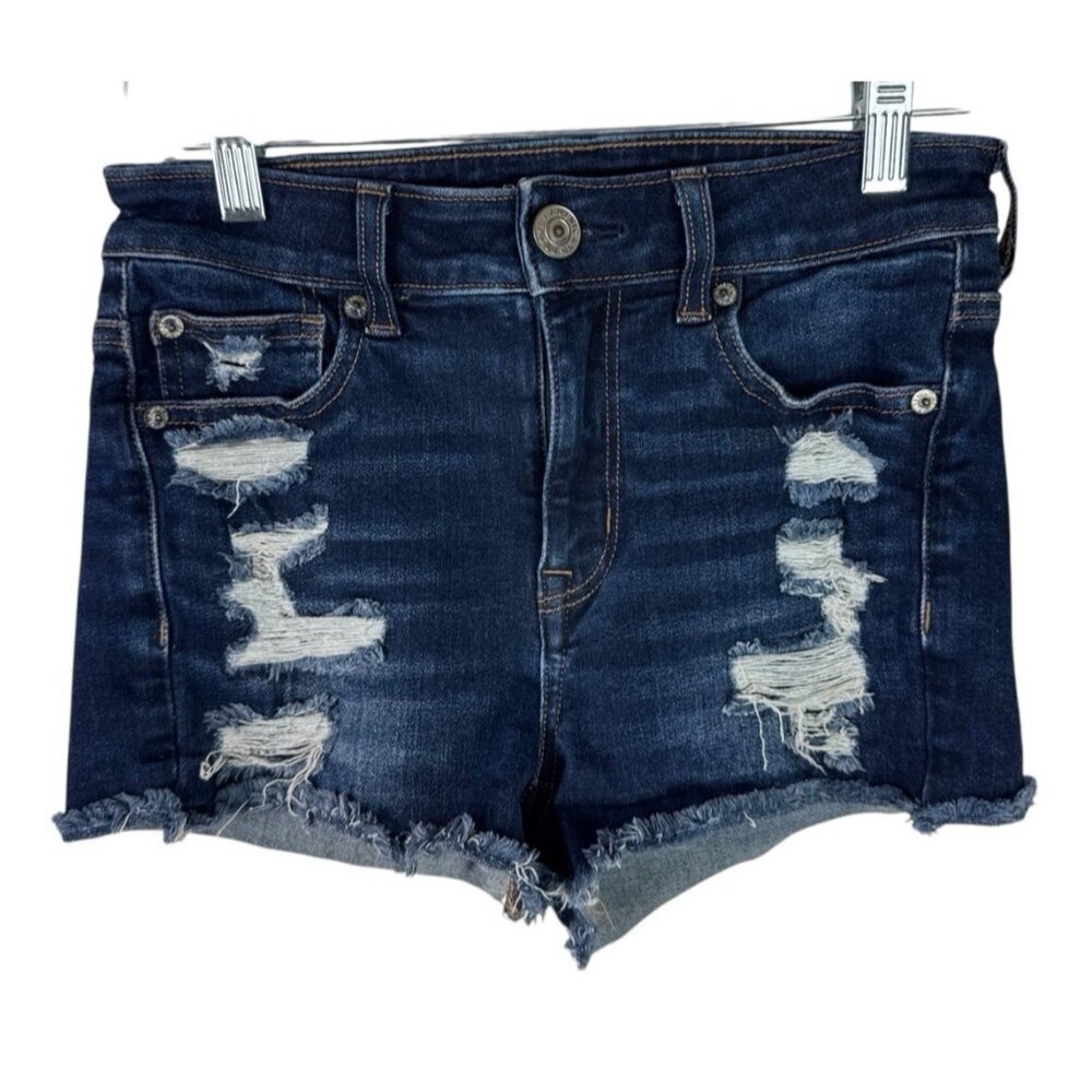 American Eagle Women's 0 Hi Rise Shortie Denim Shorts‎ Stretch Blue Destroyed